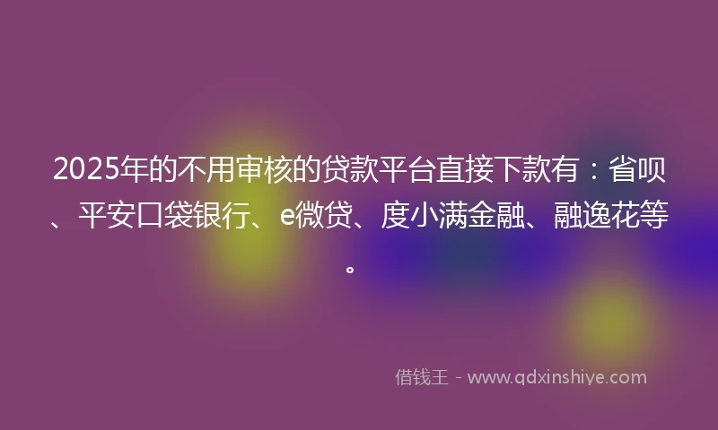 2025年的不用审核的贷款平台直接下款有：省呗、平安口袋银行、e微贷、度小满金融、融逸花等。