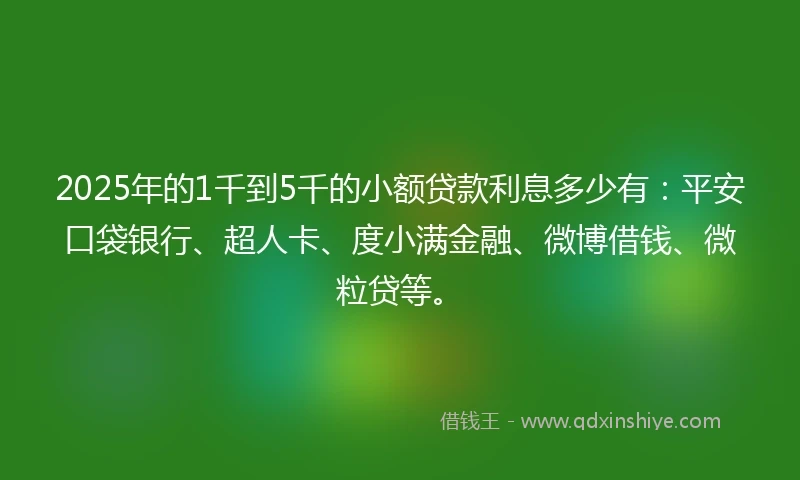 2025年的1千到5千的小额贷款利息多少有：平安口袋银行、超人卡、度小满金融、微博借钱、微粒贷等。