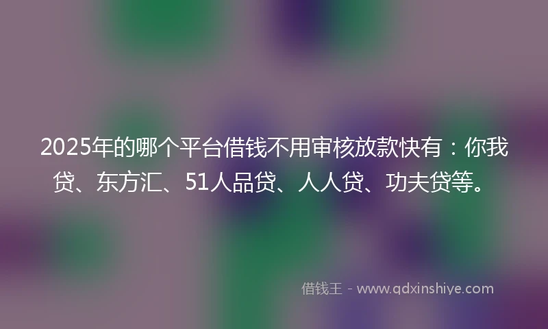 2025年的哪个平台借钱不用审核放款快有：你我贷、东方汇、51人品贷、人人贷、功夫贷等。