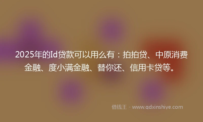 2025年的Id贷款可以用么有：拍拍贷、中原消费金融、度小满金融、替你还、信用卡贷等。