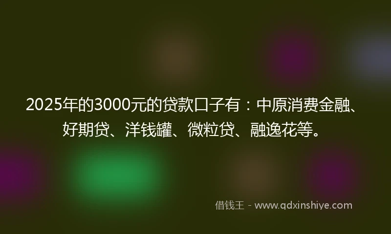 2025年的3000元的贷款口子有：中原消费金融、好期贷、洋钱罐、微粒贷、融逸花等。
