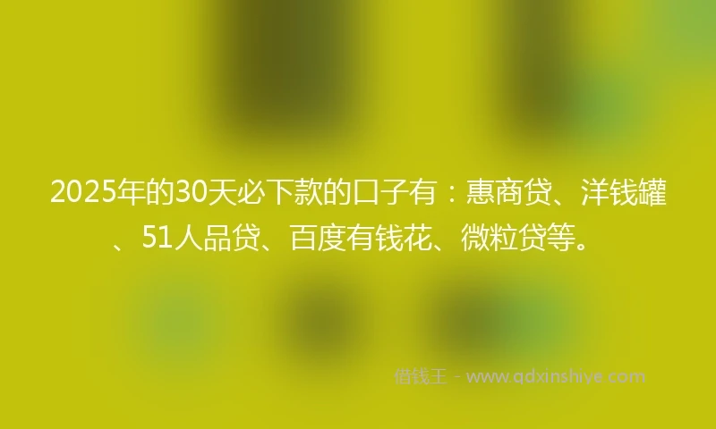 2025年的30天必下款的口子有：惠商贷、洋钱罐、51人品贷、百度有钱花、微粒贷等。