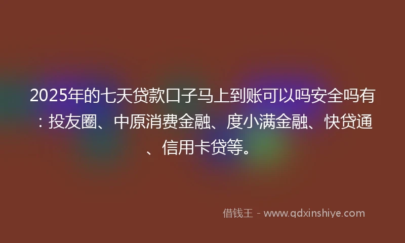 2025年的七天贷款口子马上到账可以吗安全吗有：投友圈、中原消费金融、度小满金融、快贷通、信用卡贷等。