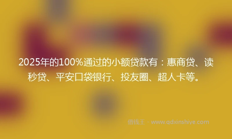 2025年的100%通过的小额贷款有：惠商贷、读秒贷、平安口袋银行、投友圈、超人卡等。