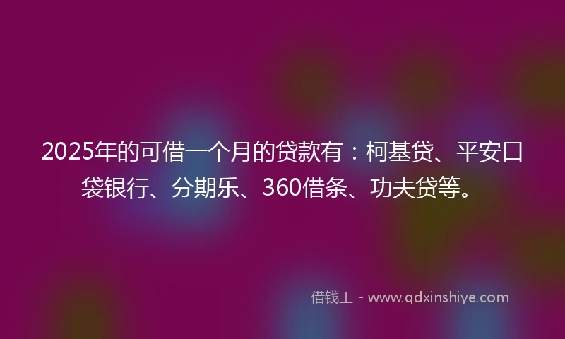 2025年的可借一个月的贷款有：柯基贷、平安口袋银行、分期乐、360借条、功夫贷等。