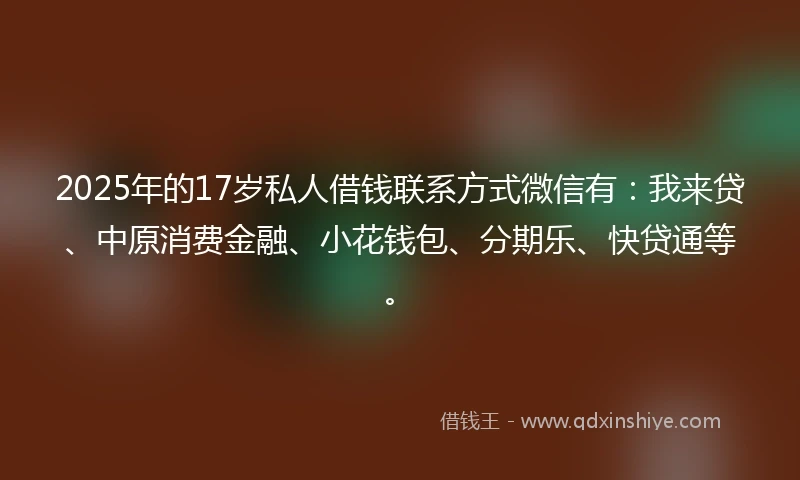 2025年的17岁私人借钱联系方式微信有：我来贷、中原消费金融、小花钱包、分期乐、快贷通等。