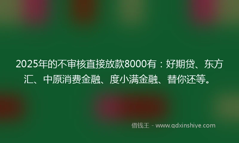 2025年的不审核直接放款8000有：好期贷、东方汇、中原消费金融、度小满金融、替你还等。
