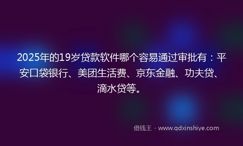 2025年的19岁贷款软件哪个容易通过审批有：平安口袋银行、美团生活费、京东金融、功夫贷、滴水贷等。