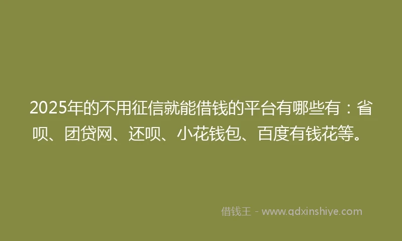 2025年的不用征信就能借钱的平台有哪些有：省呗、团贷网、还呗、小花钱包、百度有钱花等。