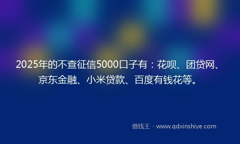 2025年的不查征信5000口子有：花呗、团贷网、京东金融、小米贷款、百度有钱花等。