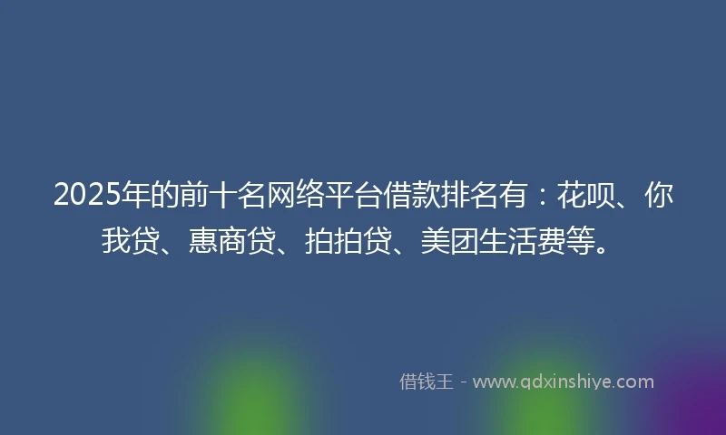 2025年的前十名网络平台借款排名有：花呗、你我贷、惠商贷、拍拍贷、美团生活费等。