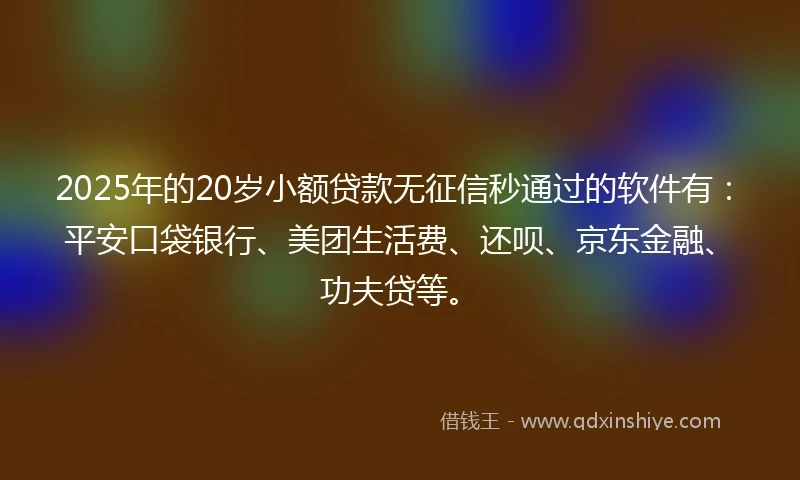 2025年的20岁小额贷款无征信秒通过的软件有：平安口袋银行、美团生活费、还呗、京东金融、功夫贷等。