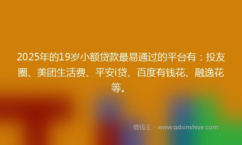 2025年的19岁小额贷款最易通过的平台有：投友圈、美团生活费、平安i贷、百度有钱花、融逸花等。