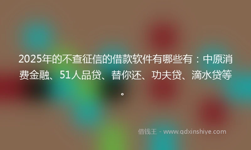 2025年的不查征信的借款软件有哪些有：中原消费金融、51人品贷、替你还、功夫贷、滴水贷等。