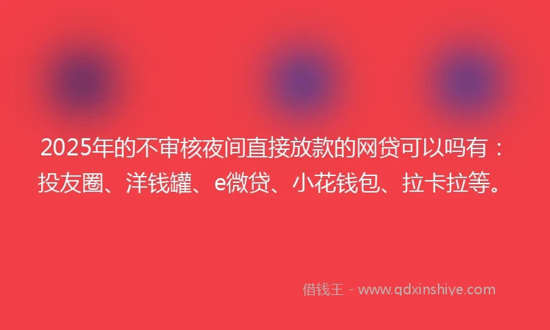 2025年的不审核夜间直接放款的网贷可以吗有：投友圈、洋钱罐、e微贷、小花钱包、拉卡拉等。