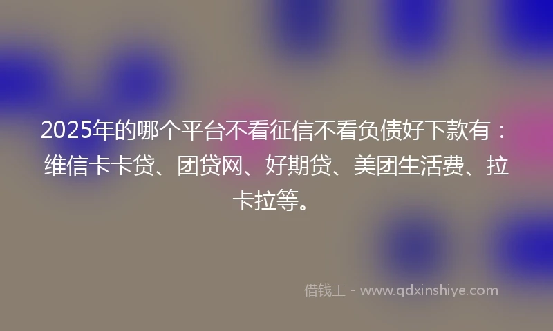 2025年的哪个平台不看征信不看负债好下款有：维信卡卡贷、团贷网、好期贷、美团生活费、拉卡拉等。
