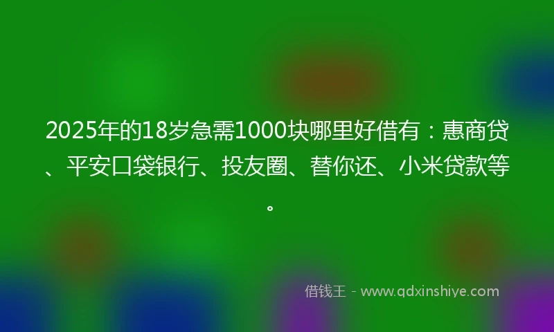 2025年的18岁急需1000块哪里好借有：惠商贷、平安口袋银行、投友圈、替你还、小米贷款等。