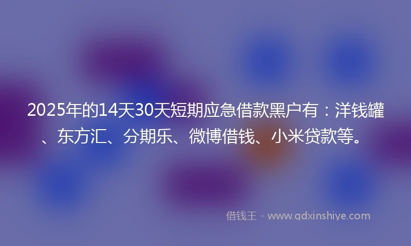 2025年的14天30天短期应急借款黑户有：洋钱罐、东方汇、分期乐、微博借钱、小米贷款等。