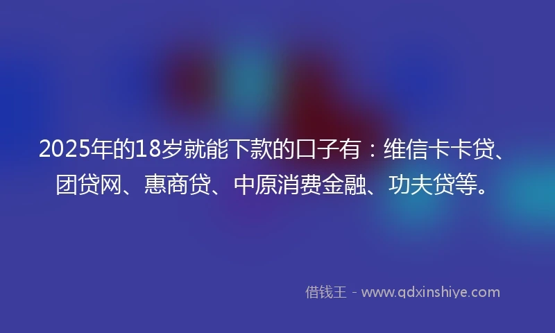 2025年的18岁就能下款的口子有：维信卡卡贷、团贷网、惠商贷、中原消费金融、功夫贷等。