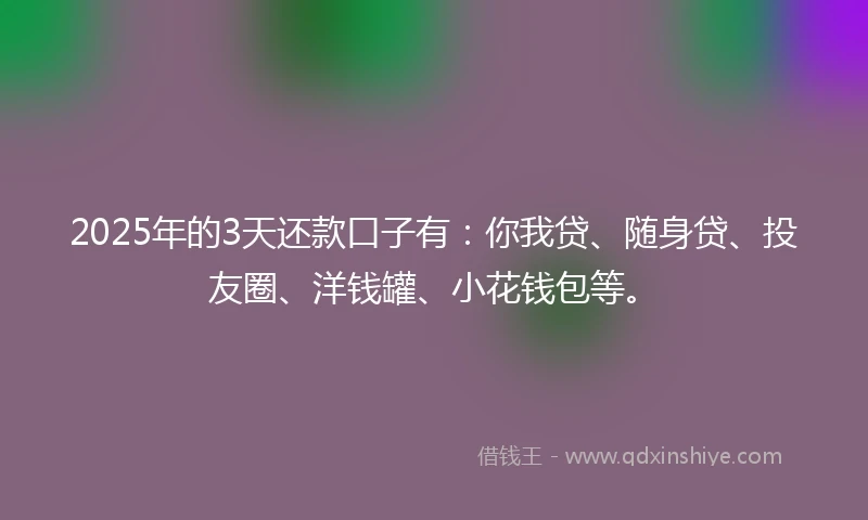 2025年的3天还款口子有：你我贷、随身贷、投友圈、洋钱罐、小花钱包等。