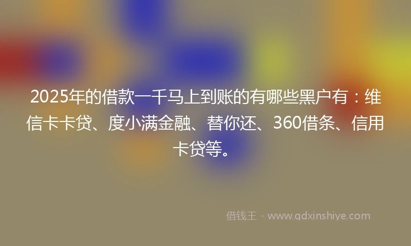 2025年的借款一千马上到账的有哪些黑户有：维信卡卡贷、度小满金融、替你还、360借条、信用卡贷等。