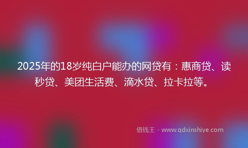 2025年的18岁纯白户能办的网贷有：惠商贷、读秒贷、美团生活费、滴水贷、拉卡拉等。