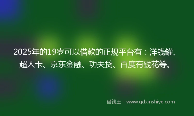 2025年的19岁可以借款的正规平台有：洋钱罐、超人卡、京东金融、功夫贷、百度有钱花等。