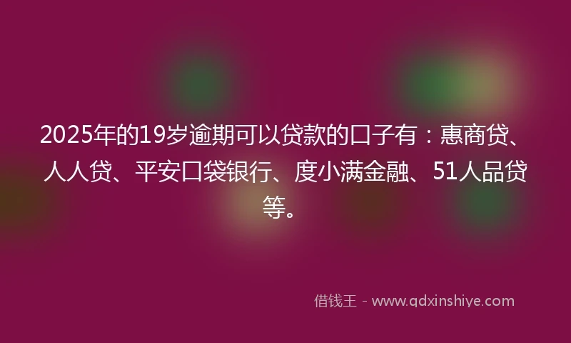 2025年的19岁逾期可以贷款的口子有：惠商贷、人人贷、平安口袋银行、度小满金融、51人品贷等。