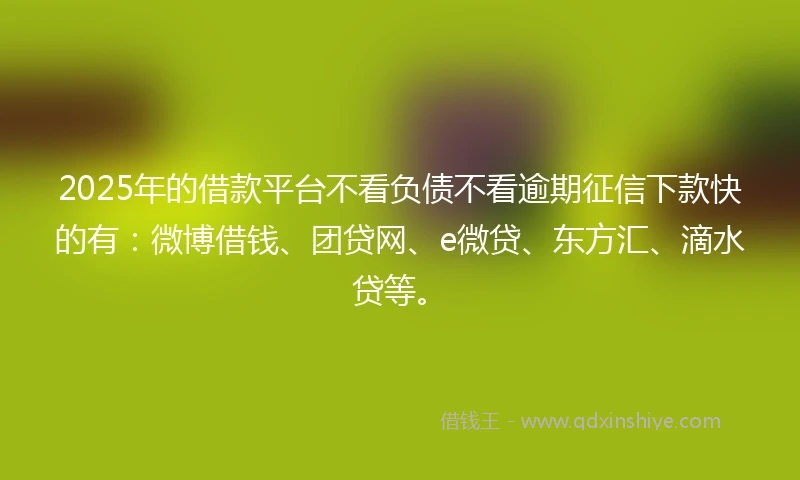 2025年的借款平台不看负债不看逾期征信下款快的有：微博借钱、团贷网、e微贷、东方汇、滴水贷等。