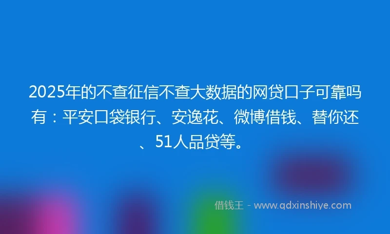 2025年的不查征信不查大数据的网贷口子可靠吗有：平安口袋银行、安逸花、微博借钱、替你还、51人品贷等。