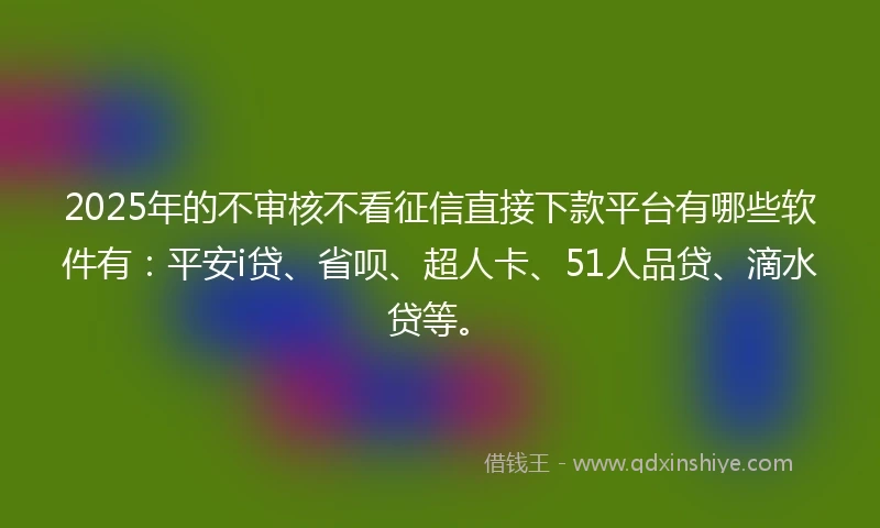 2025年的不审核不看征信直接下款平台有哪些软件有：平安i贷、省呗、超人卡、51人品贷、滴水贷等。