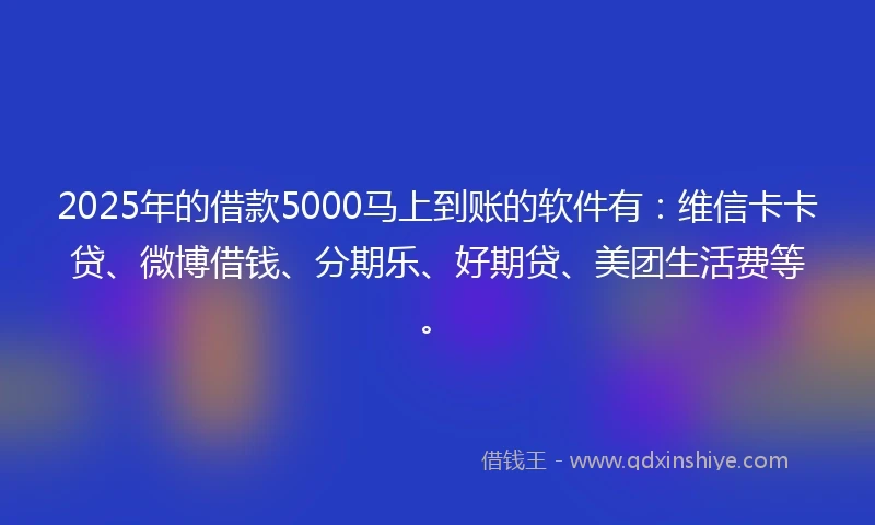 2025年的借款5000马上到账的软件有：维信卡卡贷、微博借钱、分期乐、好期贷、美团生活费等。