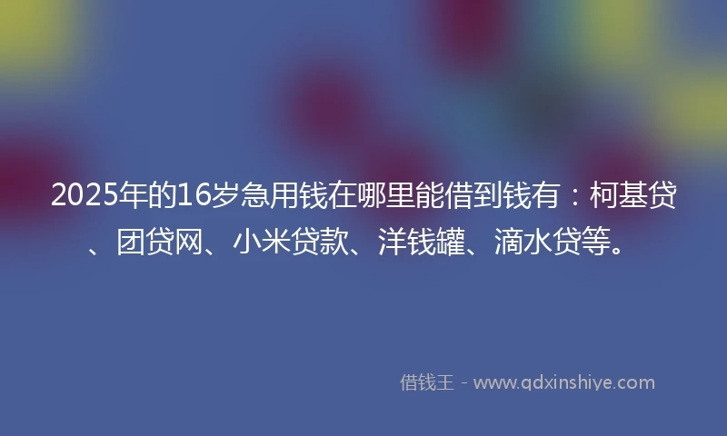 2025年的16岁急用钱在哪里能借到钱有：柯基贷、团贷网、小米贷款、洋钱罐、滴水贷等。