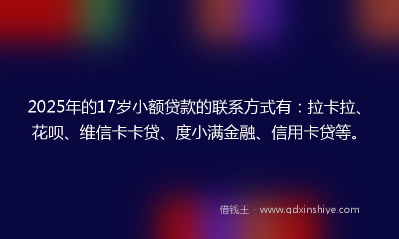 2025年的17岁小额贷款的联系方式有：拉卡拉、花呗、维信卡卡贷、度小满金融、信用卡贷等。