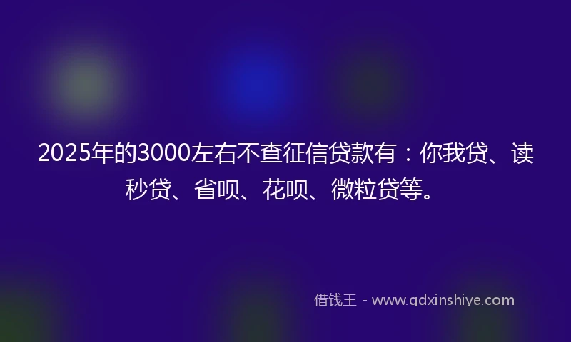 2025年的3000左右不查征信贷款有：你我贷、读秒贷、省呗、花呗、微粒贷等。