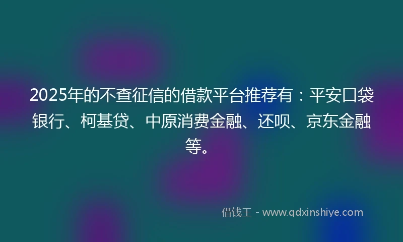 2025年的不查征信的借款平台推荐有：平安口袋银行、柯基贷、中原消费金融、还呗、京东金融等。