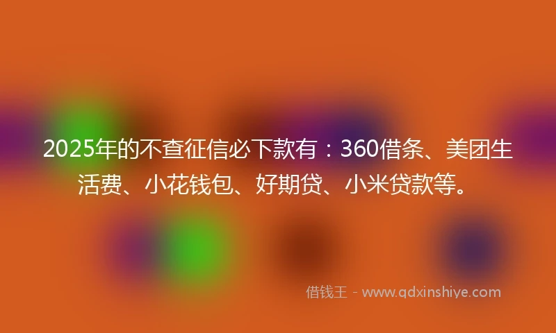 2025年的不查征信必下款有：360借条、美团生活费、小花钱包、好期贷、小米贷款等。