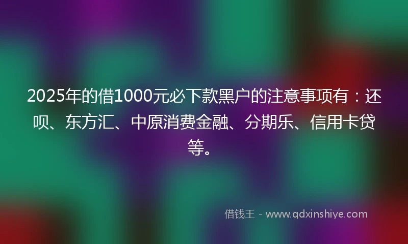 2025年的借1000元必下款黑户的注意事项有：还呗、东方汇、中原消费金融、分期乐、信用卡贷等。