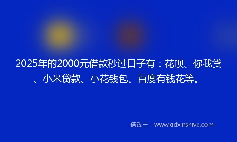 2025年的2000元借款秒过口子有：花呗、你我贷、小米贷款、小花钱包、百度有钱花等。