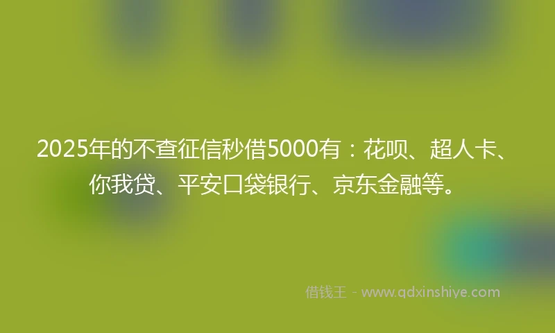 2025年的不查征信秒借5000有：花呗、超人卡、你我贷、平安口袋银行、京东金融等。