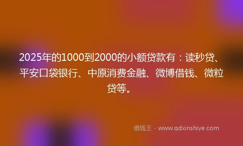 2025年的1000到2000的小额贷款有：读秒贷、平安口袋银行、中原消费金融、微博借钱、微粒贷等。