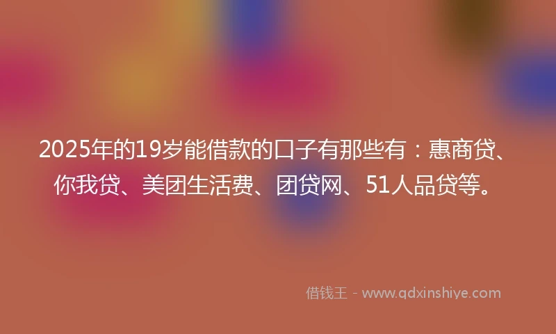 2025年的19岁能借款的口子有那些有：惠商贷、你我贷、美团生活费、团贷网、51人品贷等。