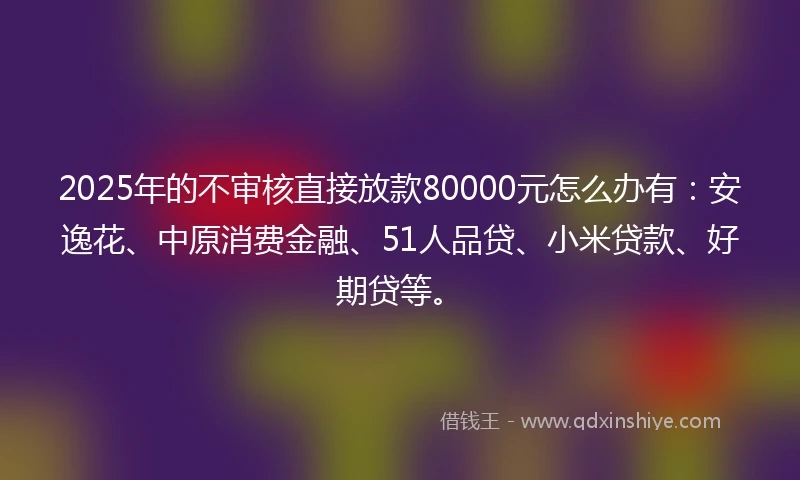 2025年的不审核直接放款80000元怎么办有：安逸花、中原消费金融、51人品贷、小米贷款、好期贷等。
