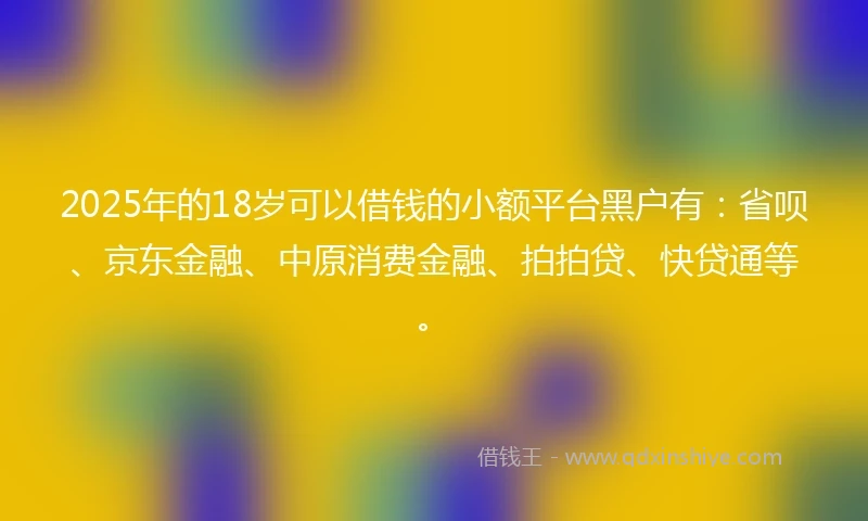 2025年的18岁可以借钱的小额平台黑户有：省呗、京东金融、中原消费金融、拍拍贷、快贷通等。