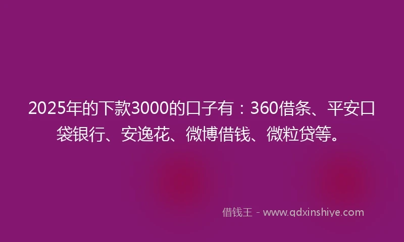 2025年的下款3000的口子有：360借条、平安口袋银行、安逸花、微博借钱、微粒贷等。