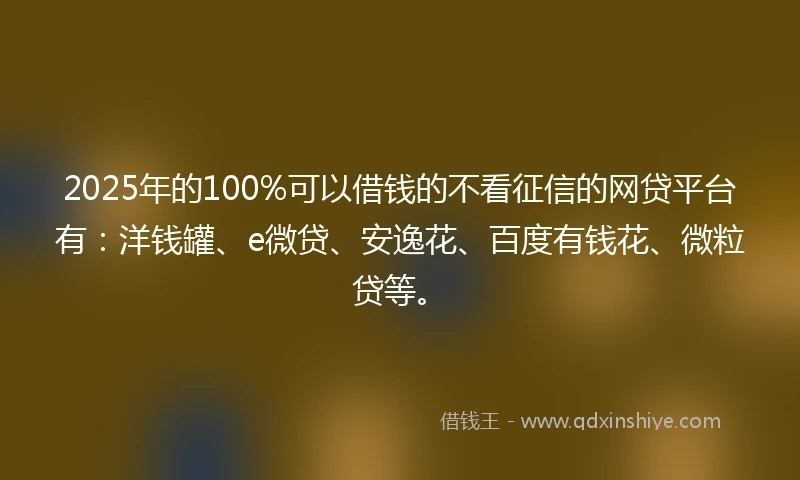 2025年的100%可以借钱的不看征信的网贷平台有：洋钱罐、e微贷、安逸花、百度有钱花、微粒贷等。