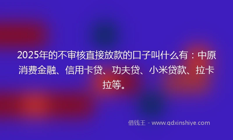 2025年的不审核直接放款的口子叫什么有：中原消费金融、信用卡贷、功夫贷、小米贷款、拉卡拉等。