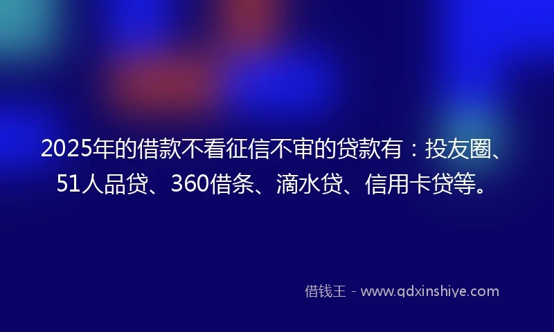 2025年的借款不看征信不审的贷款有：投友圈、51人品贷、360借条、滴水贷、信用卡贷等。