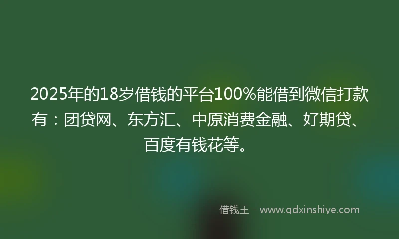 2025年的18岁借钱的平台100%能借到微信打款有：团贷网、东方汇、中原消费金融、好期贷、百度有钱花等。