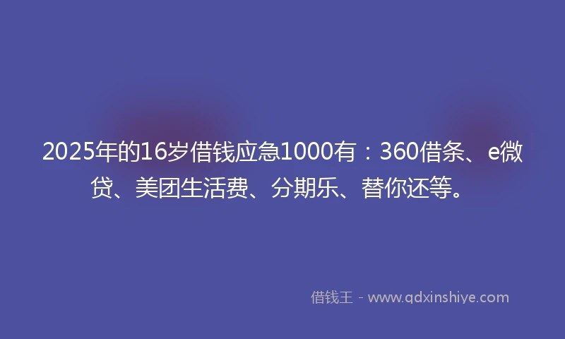 2025年的16岁借钱应急1000有：360借条、e微贷、美团生活费、分期乐、替你还等。